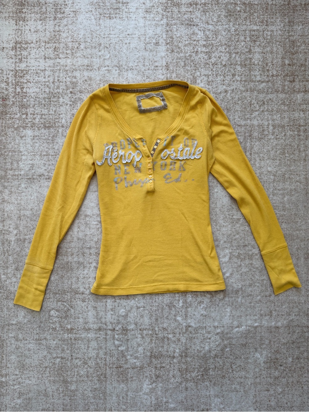 Aeropostale Y2K Henley Thermal Waffle Knit Top Mustard Yellow Size M Bella Swan
